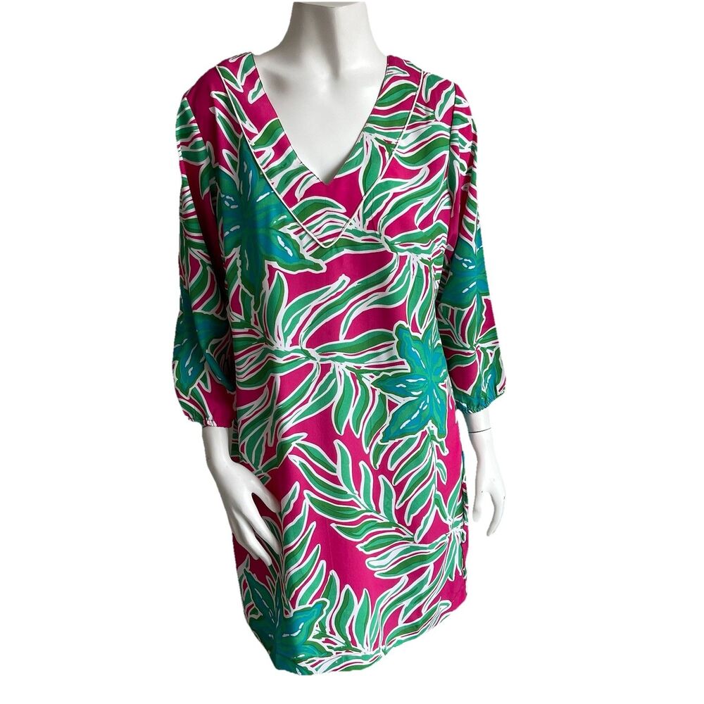 Southern Frock Floral Shift Mini Dress 3/4 Sleeves Sz Large Resortwear Tropical‎